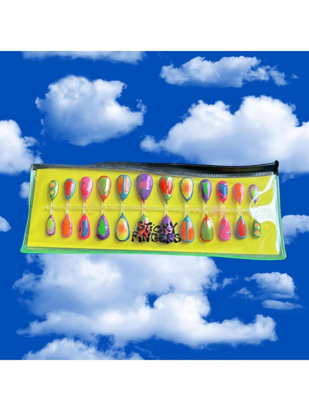 Sticky Fingers Neon Y2K Rainbow Press-On Nail Set Clear Zip Pouch Hand Painted - Picture 4 of 4